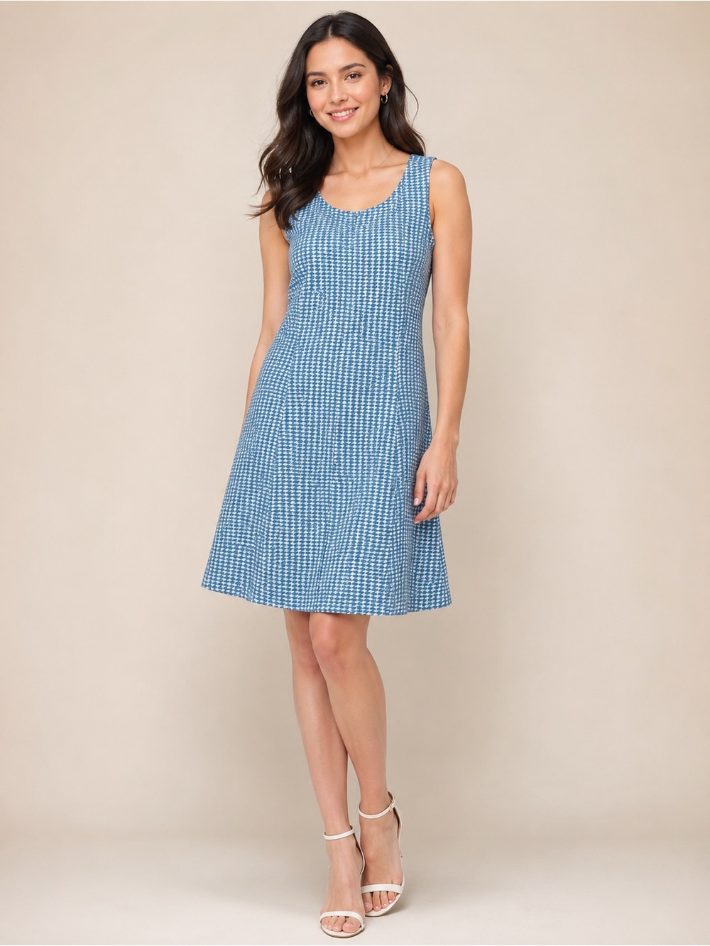 Marlene Green & White Houndstooth Sleeveless Dress Size 40 NWT